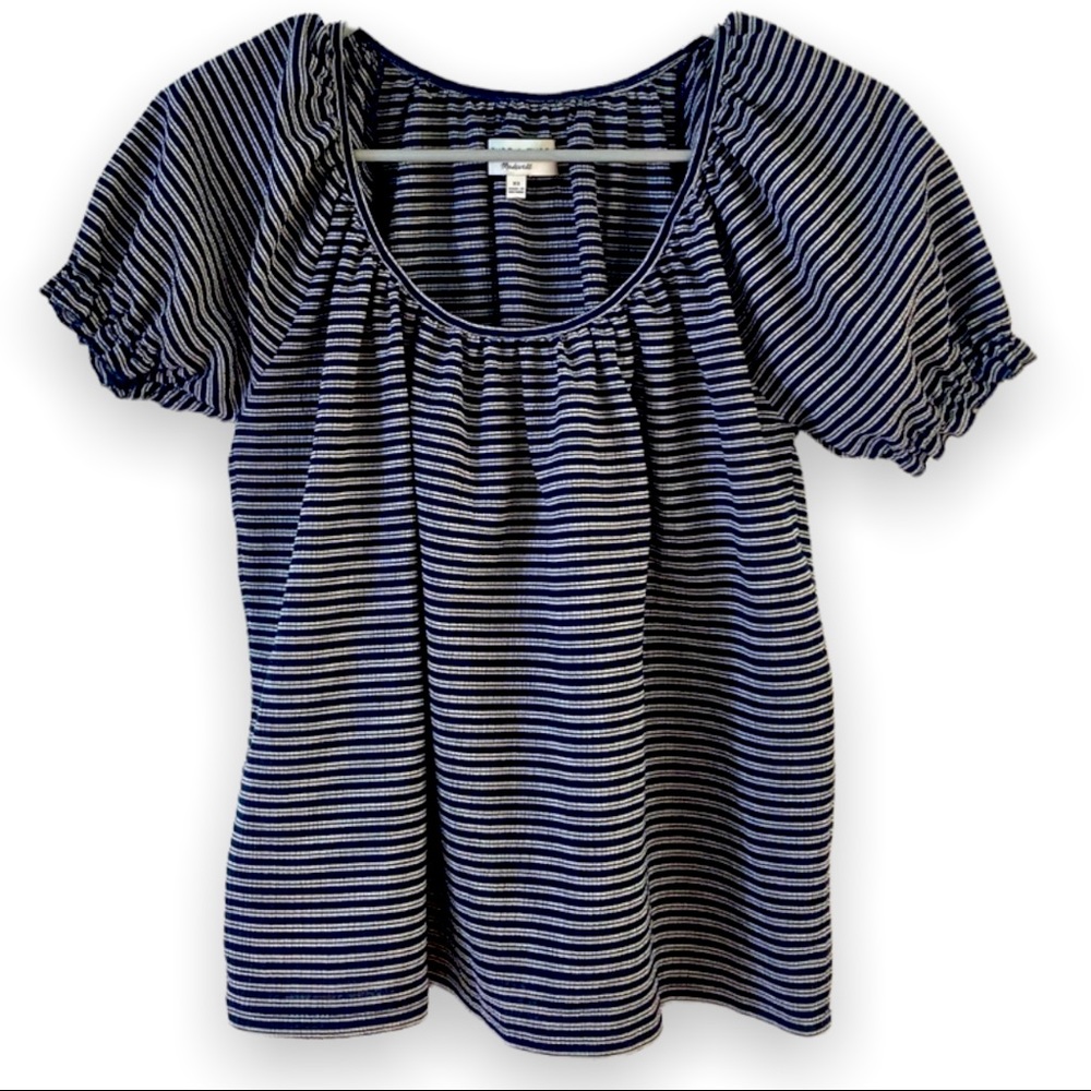 Madewell Blouse Womens XS Blue White Stripes Ruched Sleeves Stretch Casual Top